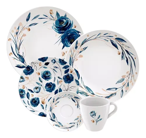 Aparelho De Jantar Com 20 Peas Em Porcelana Decorada Ana Flor Branco Com Detalhes Azul E Dourado Tramontina